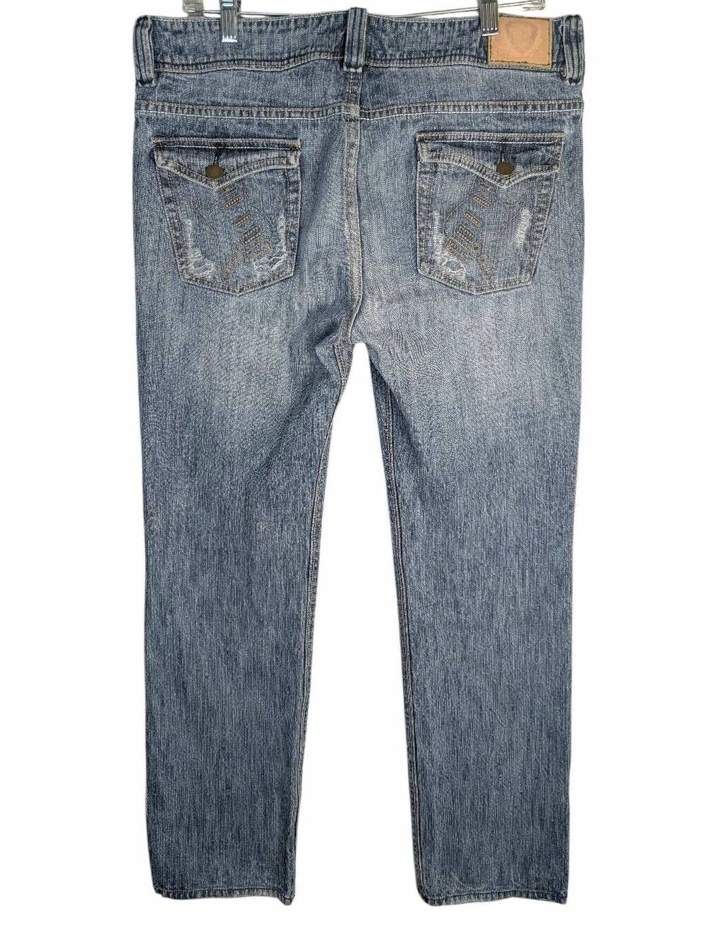 Fender Guitar embroidered straight leg denim jeans distressed mens 34 X 31